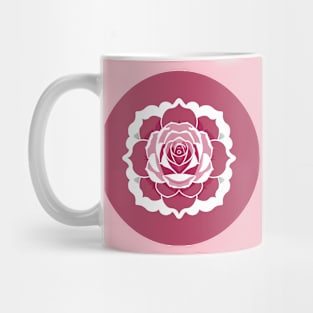 Circular rose design with pink petals and green leaves Mug